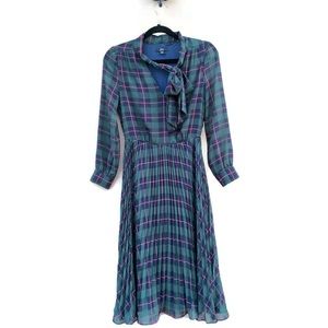 J. Crew Black Watch Tartan Plaid Tie Neck Pleated Midi Dress Holiday 00